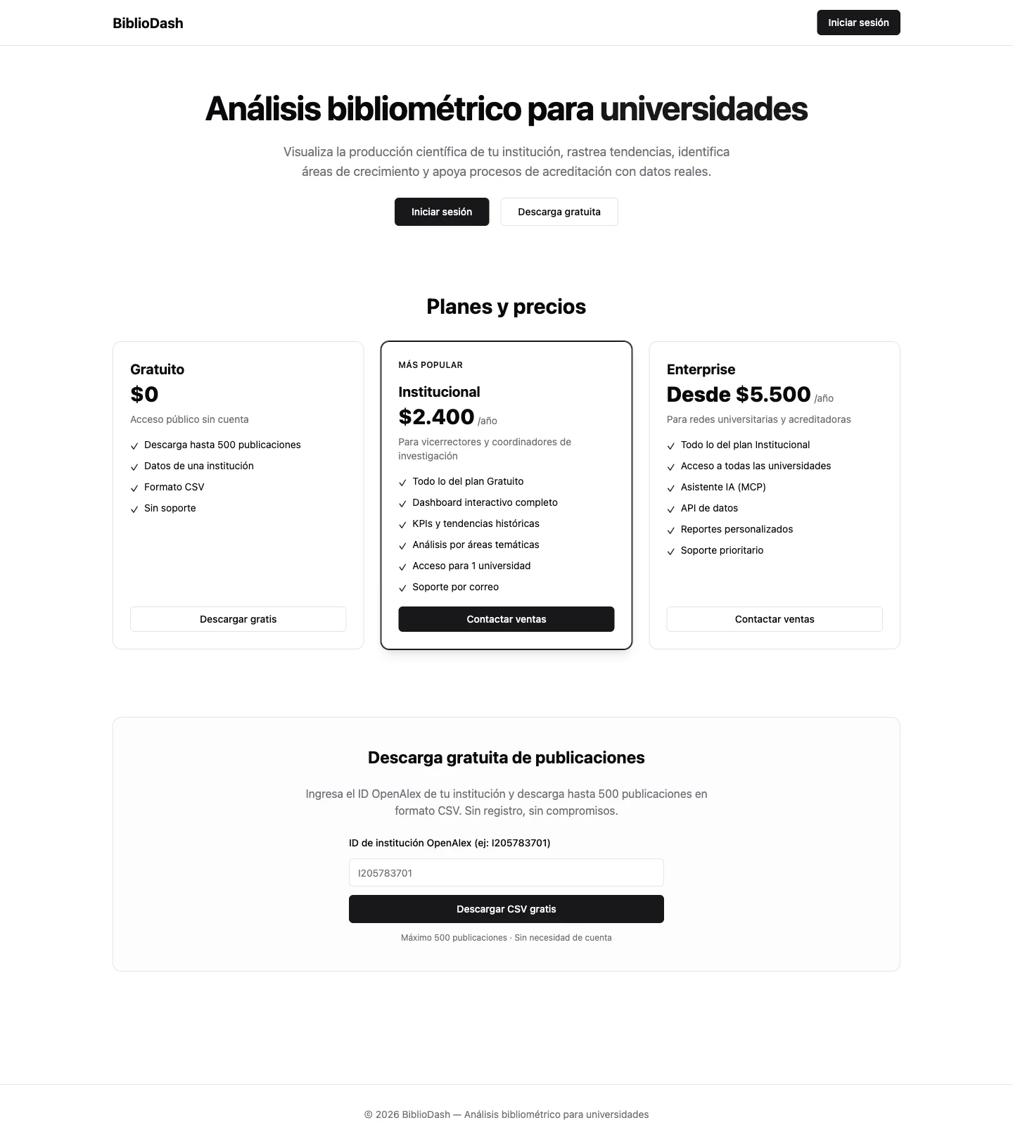 Página de inicio pública de BiblioDash con planes de precios
