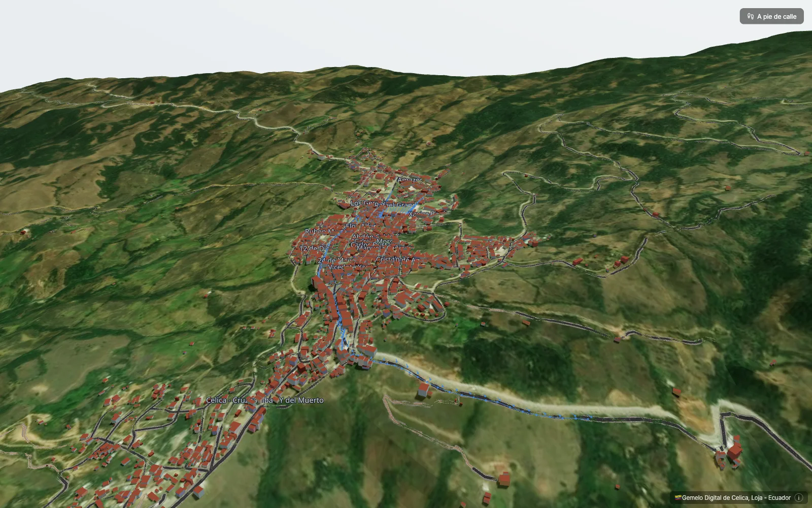 Portada del Gemelo Digital de Celica: vista aérea 3D navegable del cantón Celica con calles, edificios y modo a pie de calle.