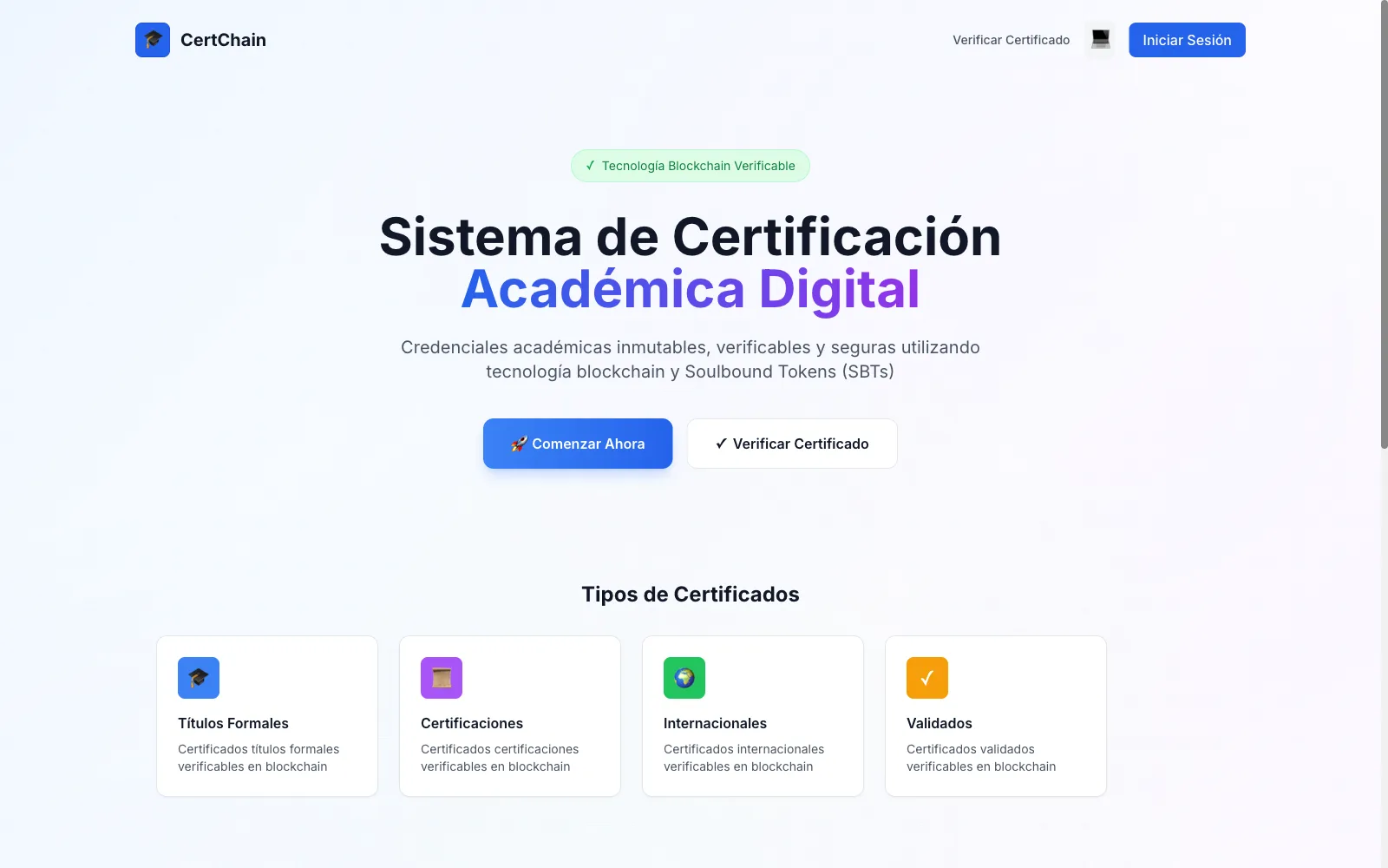 Portada de CertChain: pantalla de inicio del sistema de certificación académica digital, con los tipos de credenciales verificables en blockchain.