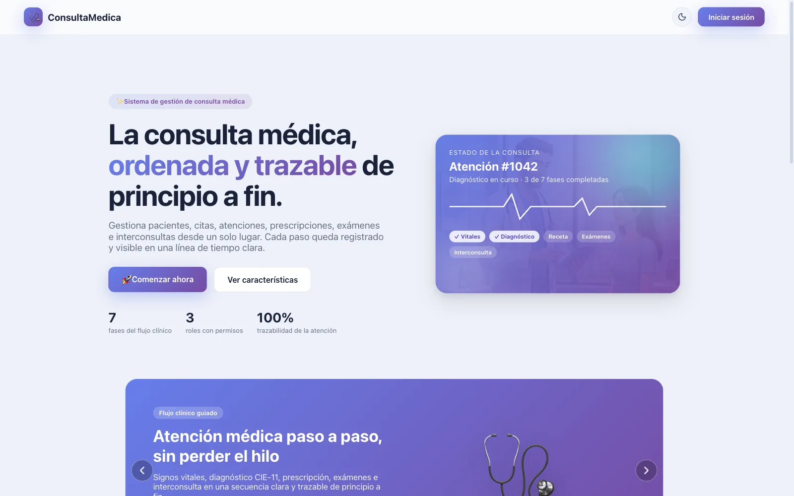Portada de ConsultaMédica: pantalla de inicio con el panel de una atención médica en curso mostrando vitales, diagnóstico y receta.