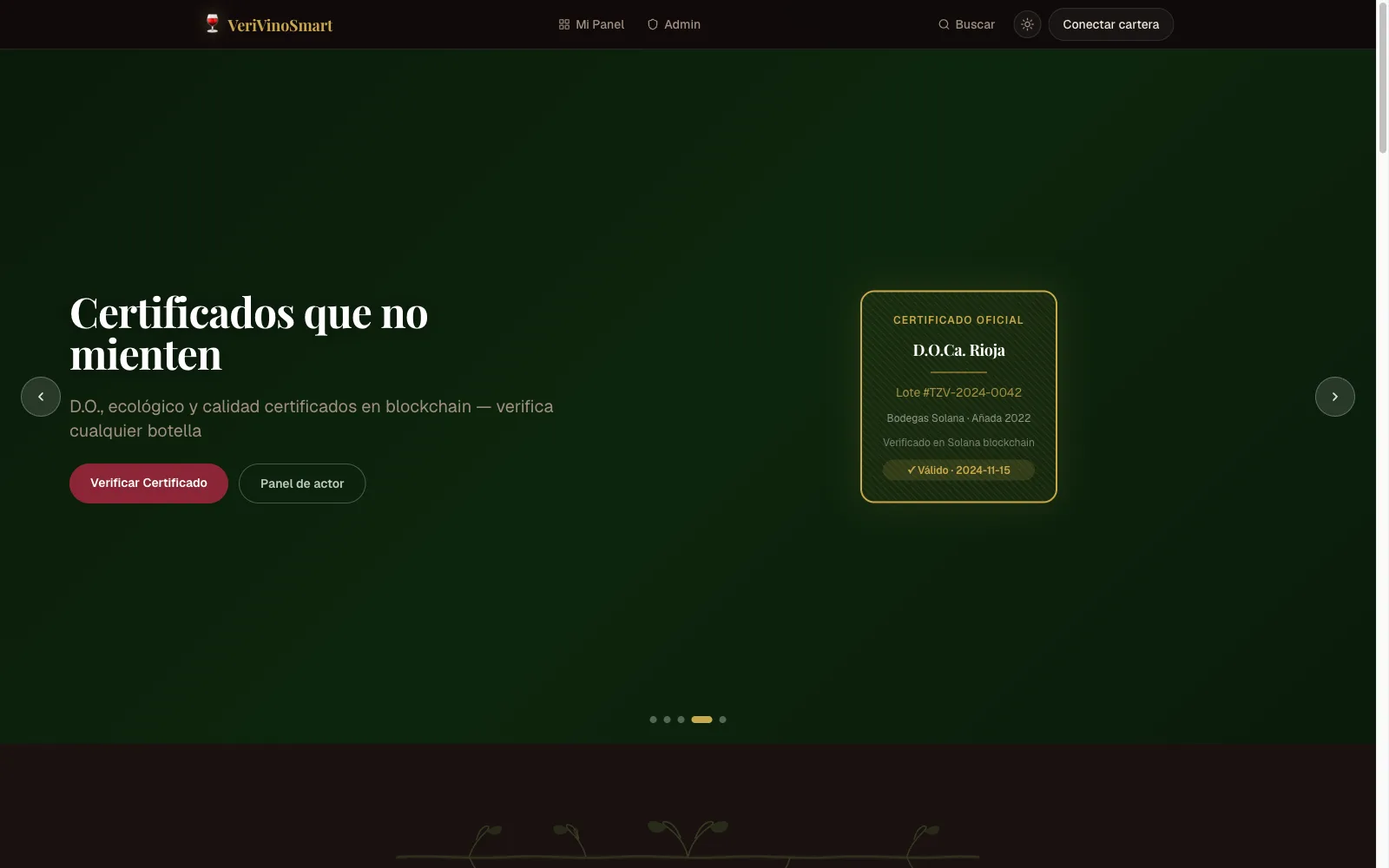 Portada de VeriVinoSmart: tarjeta de certificado oficial D.O.Ca. Rioja verificado en blockchain Solana, con botón para verificar certificados.