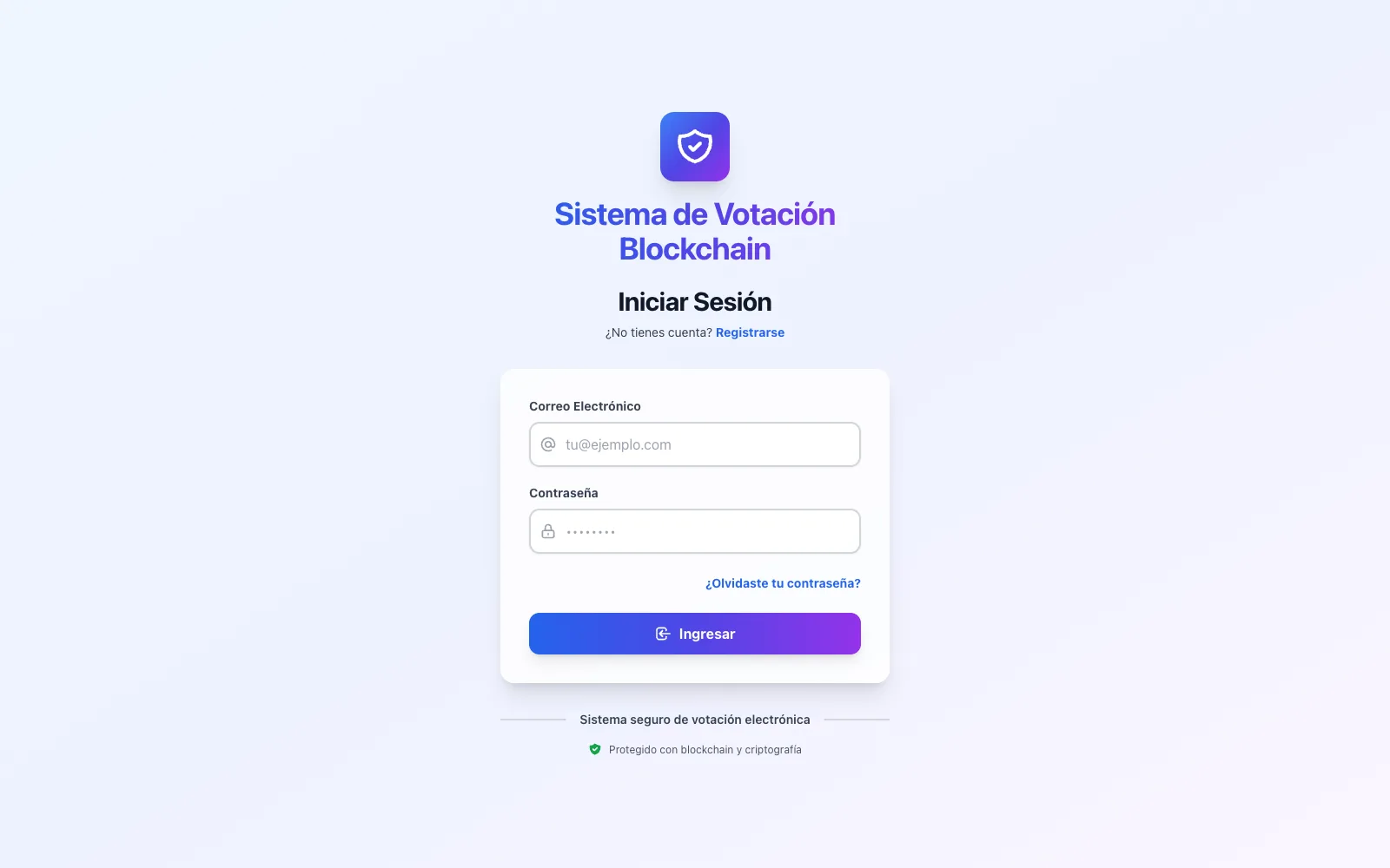 Portada de VotoChain: pantalla de inicio de sesión del sistema de votación electrónica sobre blockchain.